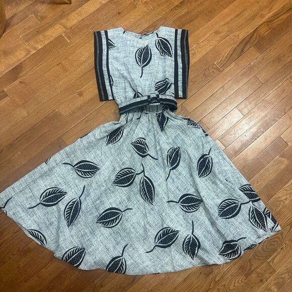 Vintage Choon Gray Leaf Print Dress Full Circle Boho Midi XS - Picture 8 of 9